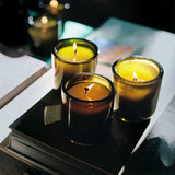 Flamingo Estate Adriatic Muscatel Sage soy wax candle in a forest-green fluted glass vessel burning on a book