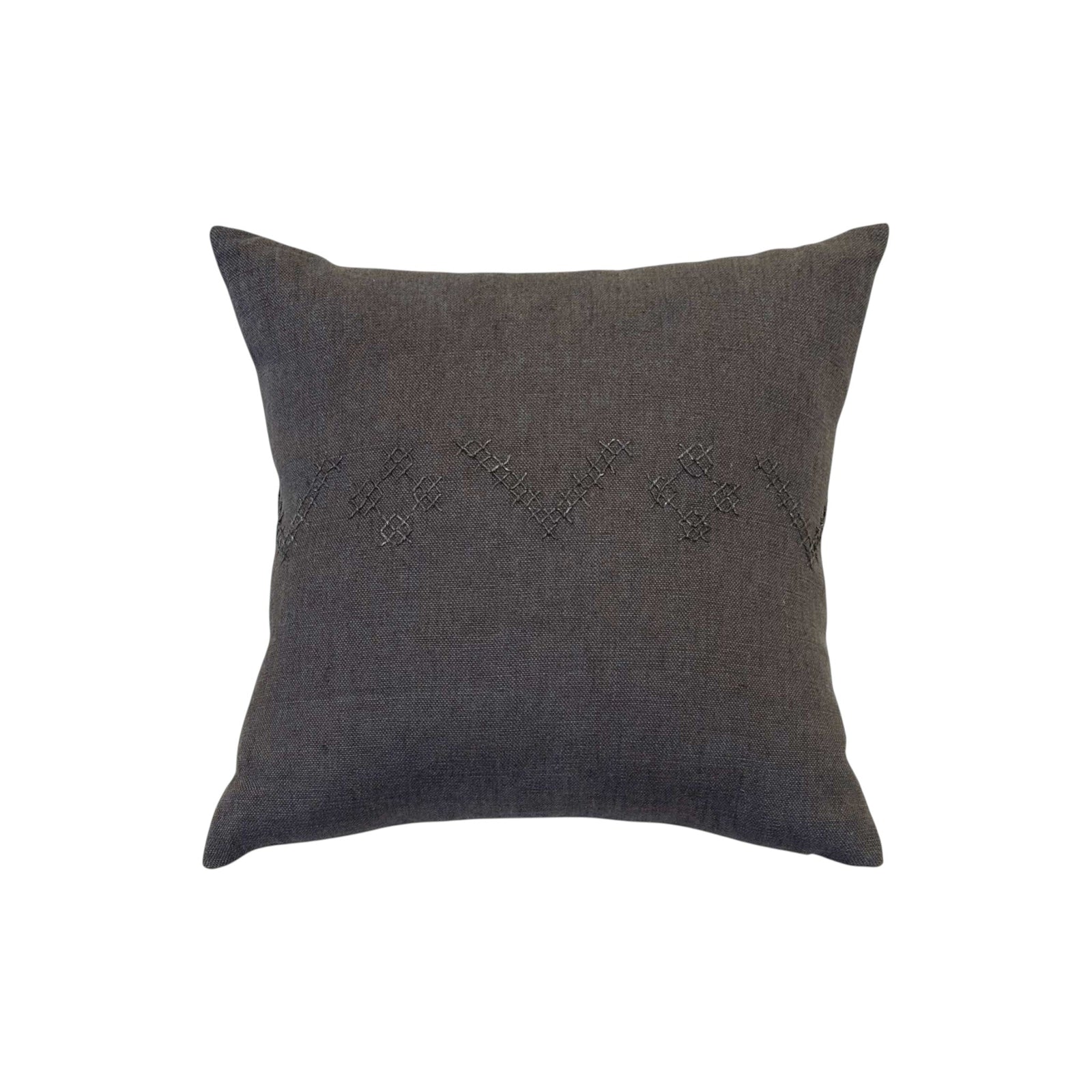 Alma Charcoal Pillow by One Bi One — Belgian linen with wool hand embroidery in charcoal, handcrafted in Gothenburg, Sweden