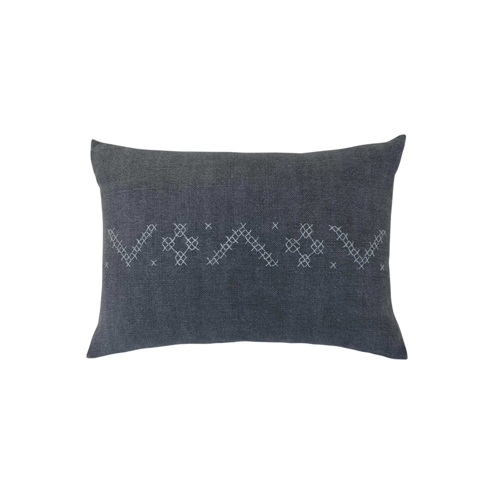 Alma Gray Lumbar Pillow by One Bi One — gray-blue Belgian linen with wool hand embroidery, handcrafted in Gothenburg, Sweden