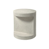 Calimia Home Andros outdoor side table with a sculptural white textured stonecast base and inlaid white agate top.