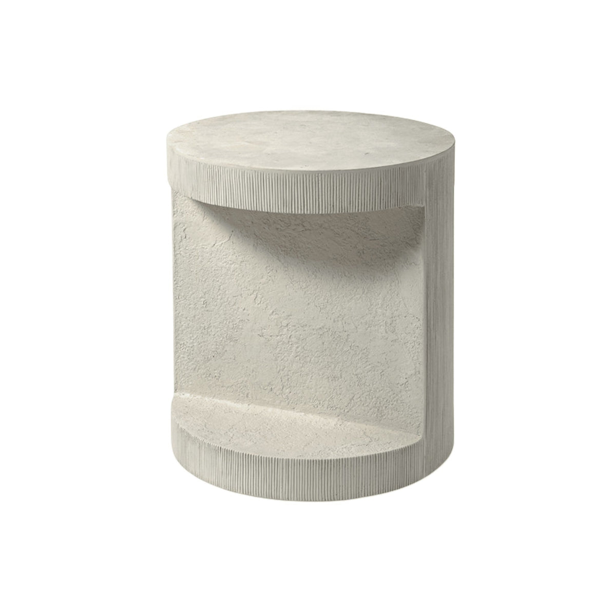 Calimia Home Andros outdoor side table with a sculptural white textured stonecast base and inlaid white agate top.