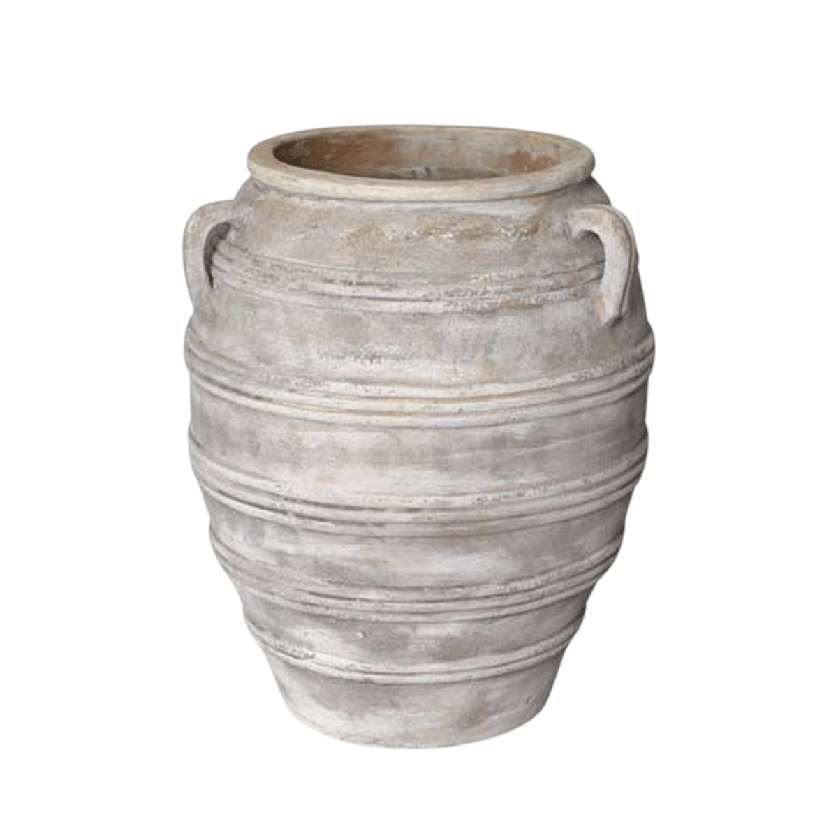 Anterra terra cotta round jar with banded ridges and handles by The Pottery Patch | Calimia Home