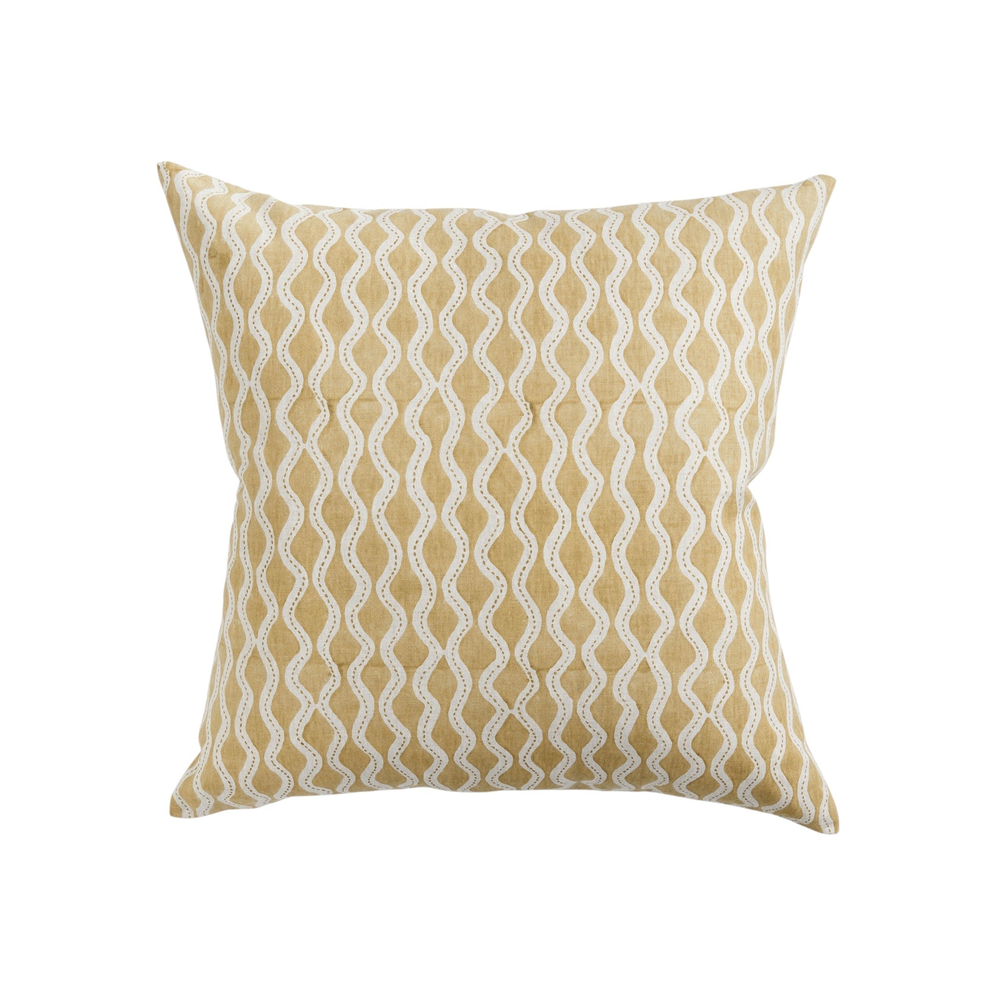 Walter G Aravelli Saffron pillow with hand-blocked Mughal arch pattern, piped edges, and hidden zipper closure.