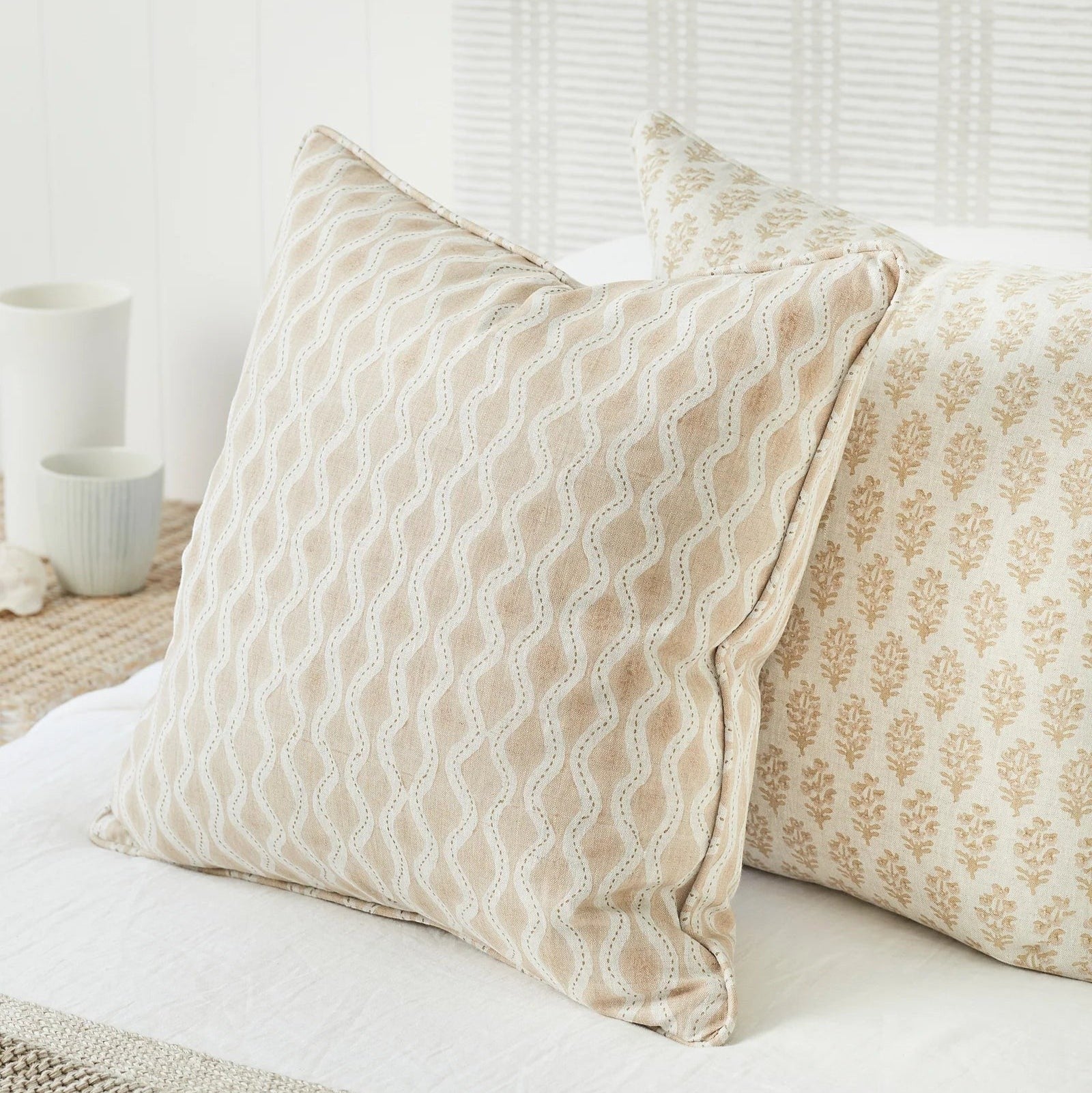 Walter G Aravelli Shell Pillow with beige scalloped block-print pattern, piped edges, and feather insert.