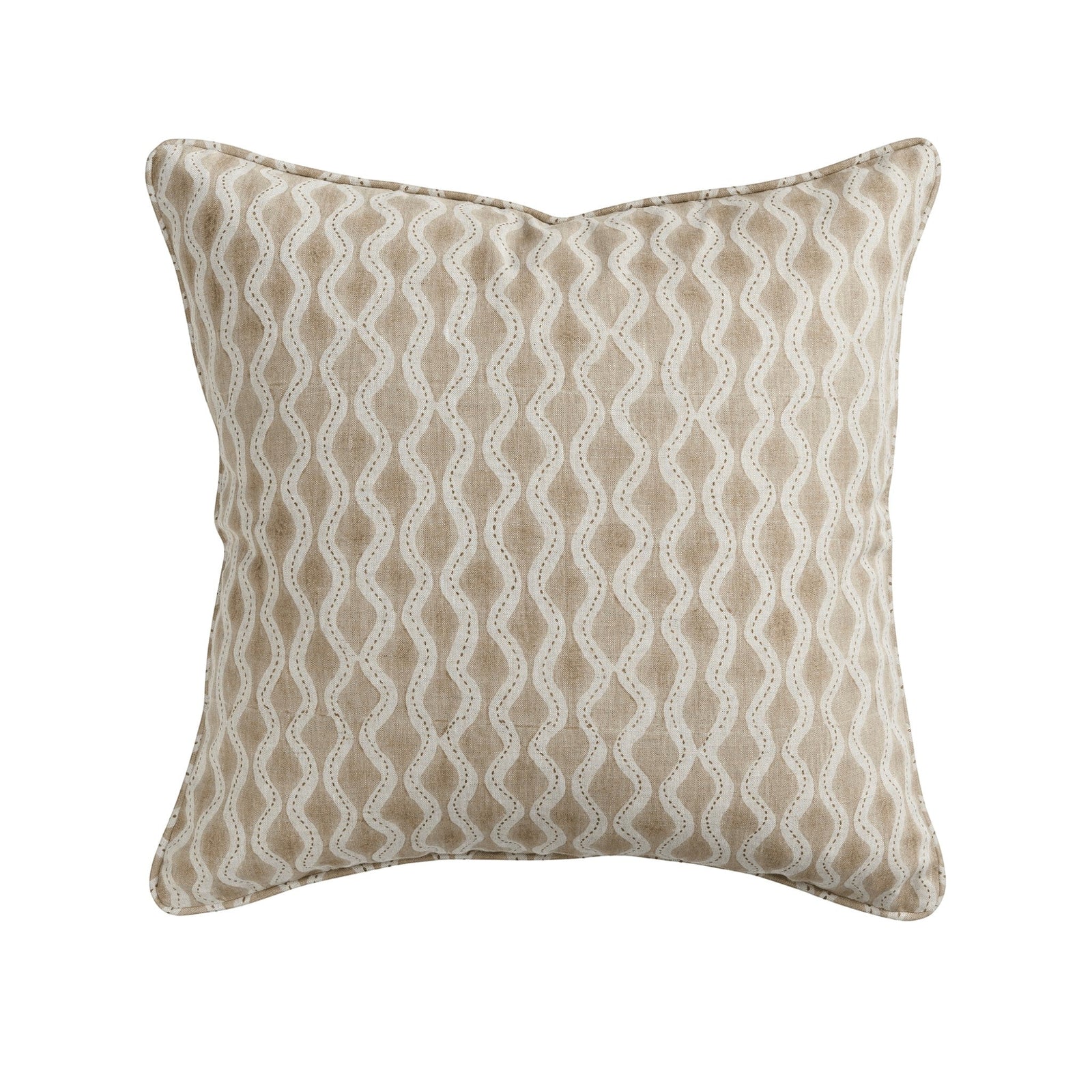 Walter G Home Aravelli Shell Pillow in beige with a block-printed scalloped arch pattern and piped edge detail.