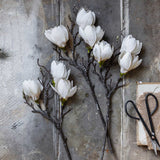 Artificial Magnolia stems by Abigail Ahern laid flat on a gray plaster surface beside scissors