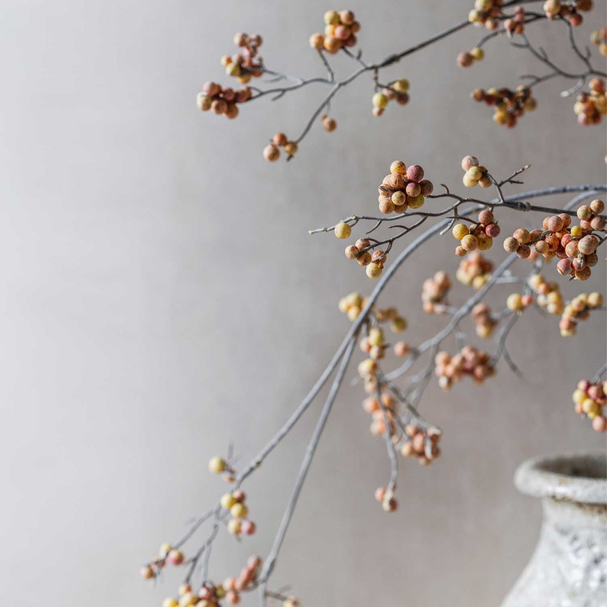 Arching Artificial Oriental Bittersweet Berry branch by Abigail Ahern against a soft gray wall