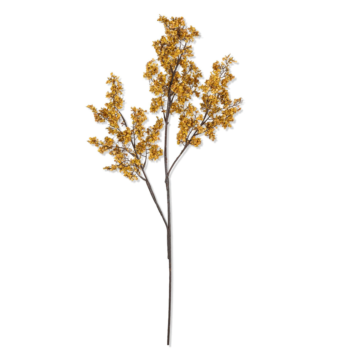 Artificial Sedge Winter Saffron by Abigail Ahern on a white background, a single branching stem with saffron yellow clusters
