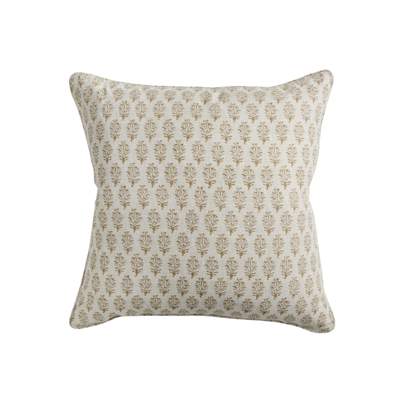 Walter G Ashfa Elm square throw pillow with a beige and brown floral block print and piped edge detail.