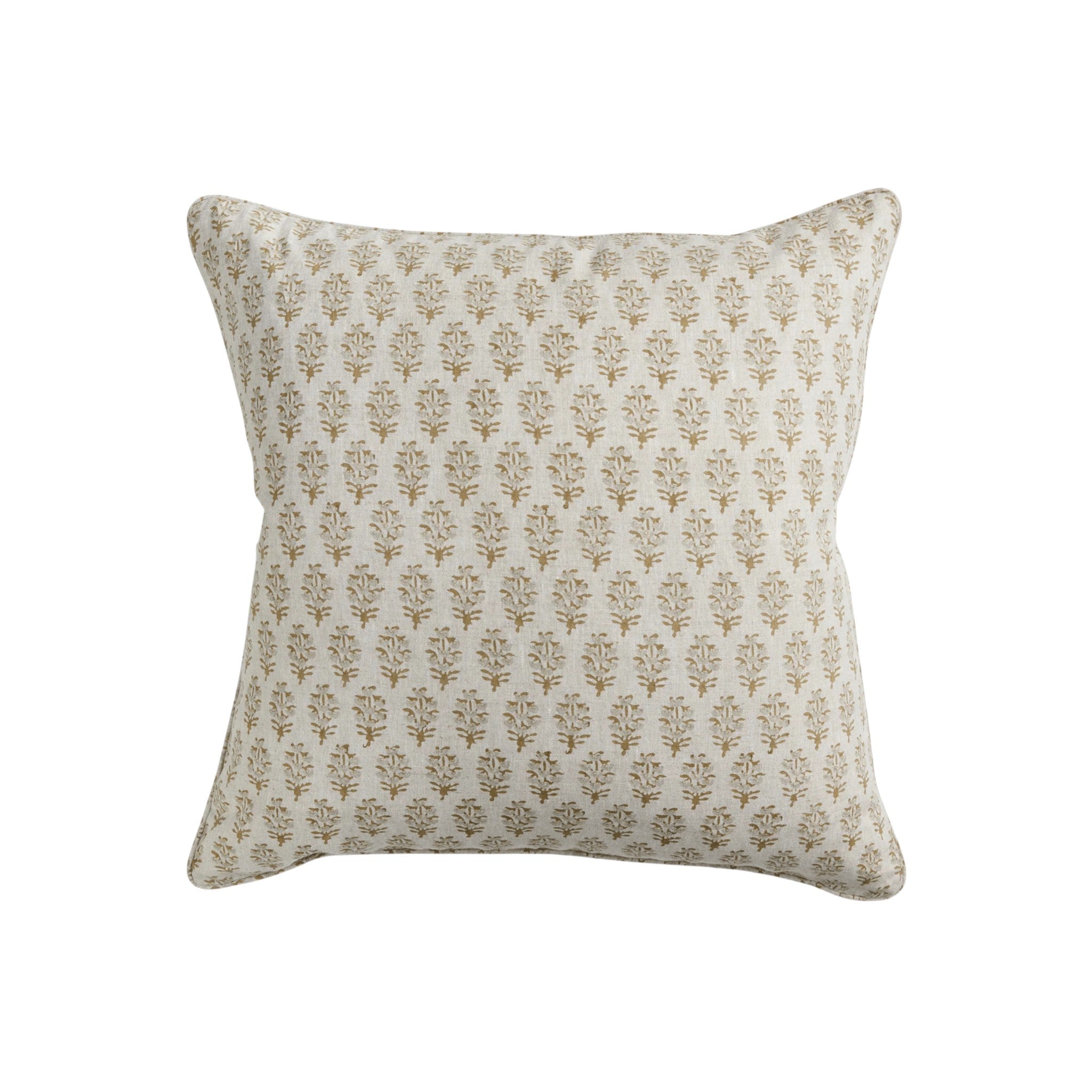 Walter G Ashfa Elm square throw pillow with a beige and brown floral block print and piped edge detail.