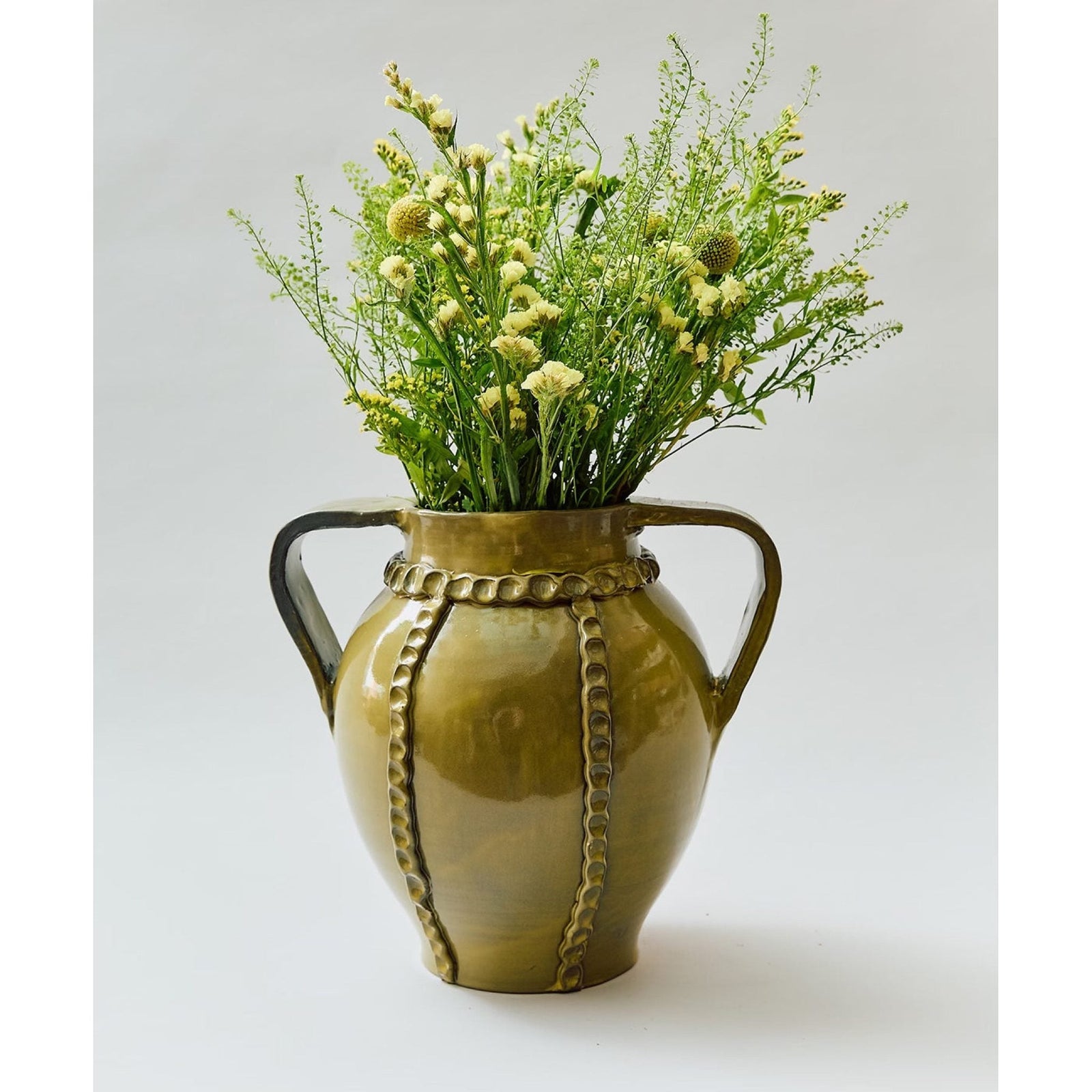 Assisi Double Handled Vase in Ocra — handmade glazed Umbrian clay ceramic by Antonello and Lorenzo Radi, Il Buco Vita, Italy, approximately 6" dia × 12"H