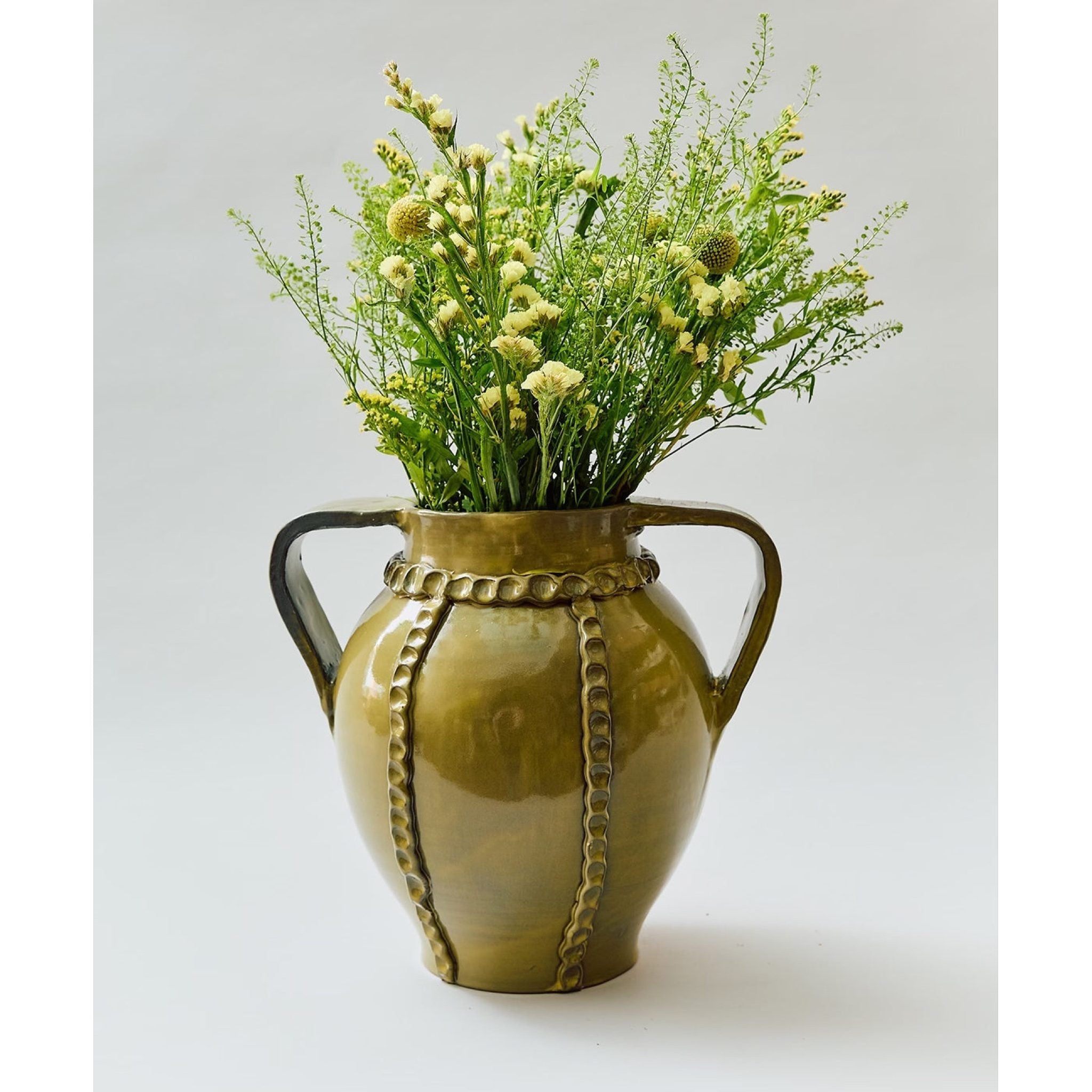 Assisi Double Handled Vase in Ocra — handmade glazed Umbrian clay ceramic by Antonello and Lorenzo Radi, Il Buco Vita, Italy, approximately 6" dia × 12"H