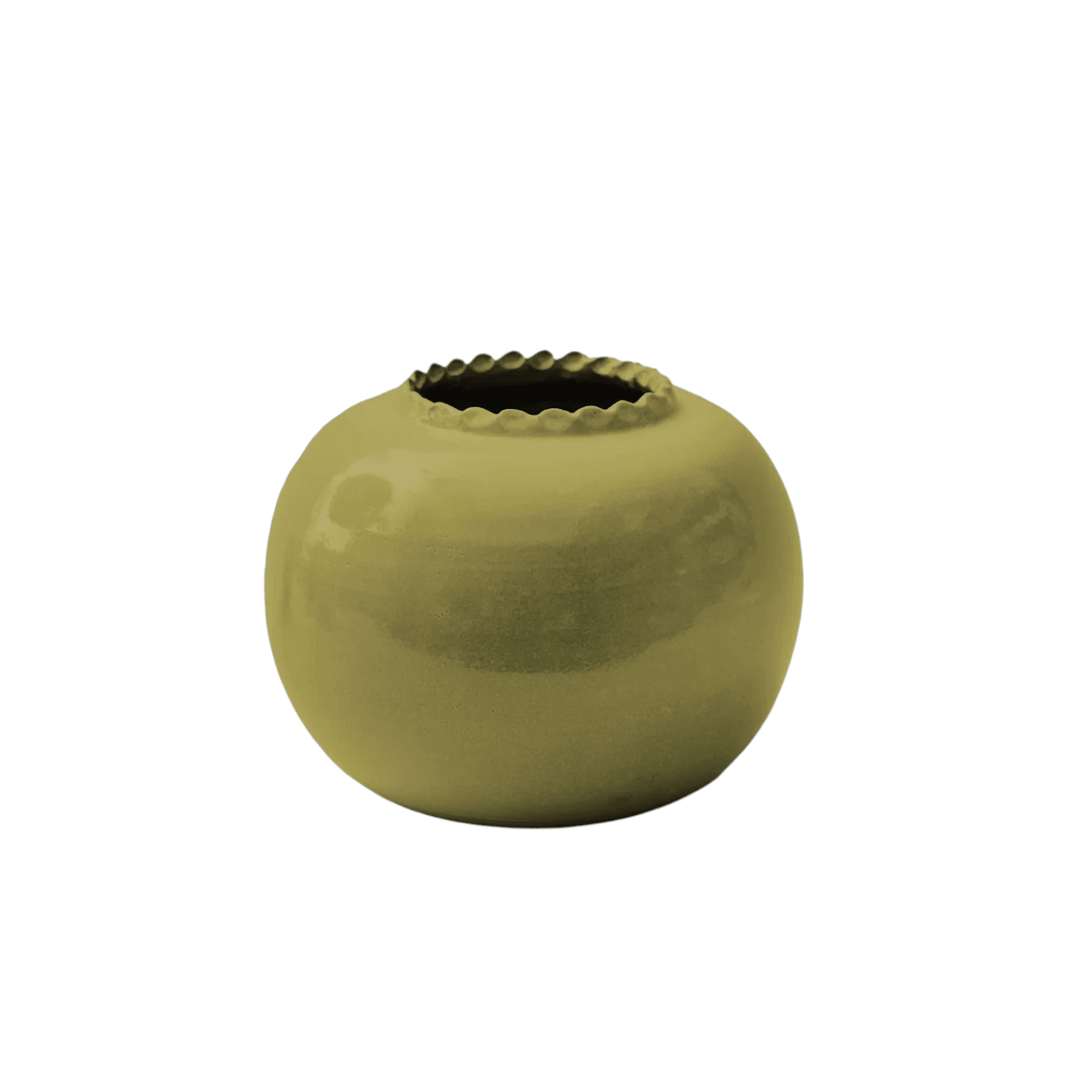 Calimia Home Assisi round ceramic vase in ocra with a honey-toned glazed finish and a decorative scalloped rim.