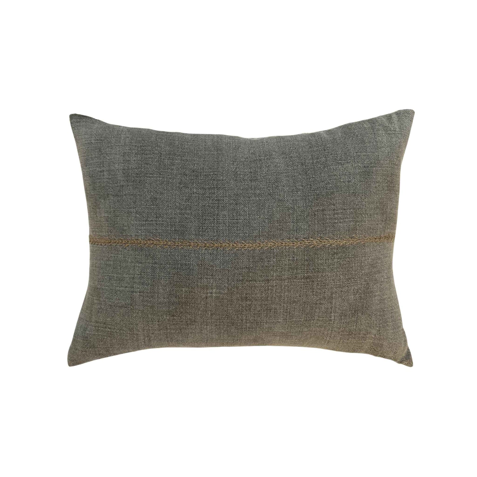 Astrid Lumbar Pillow by One Bi One — gray Belgian linen hand-embroidered with mustard wool, 20×14 in., handcrafted in Gothenburg, Sweden