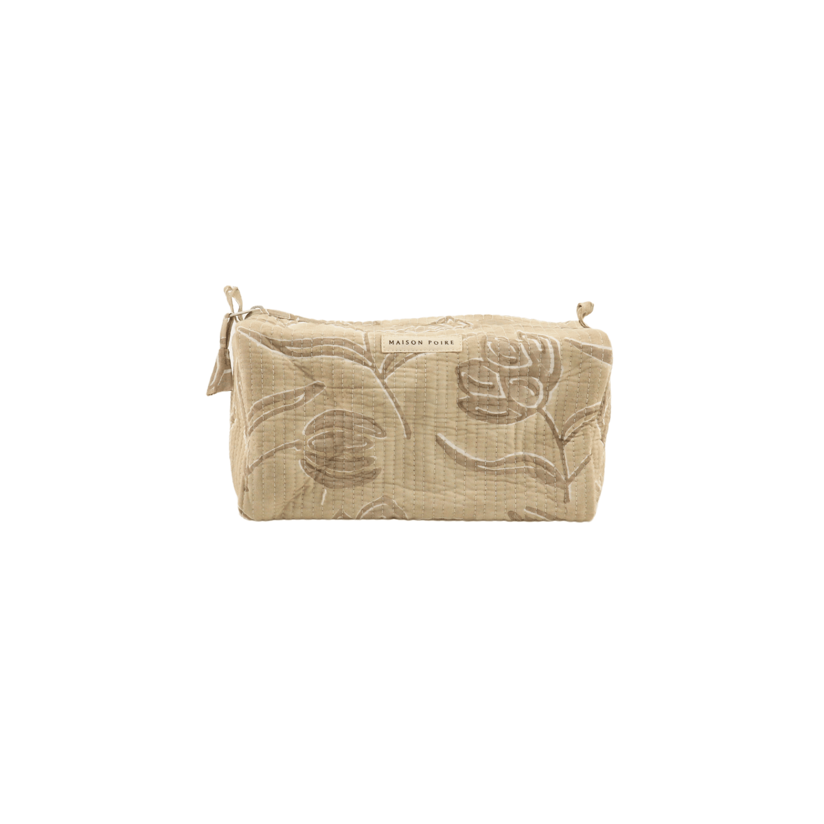 Small Astrid quilted toiletry bag in Sand with a tonal floral pattern and Maison Poire label