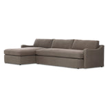 Amber Lewis x Four Hands Aurelia sectional in Broadway Coffee linen styled in a living room, left-facing chaise extended across a 128-inch span