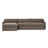 Aurelia 2-piece chaise sectional in Broadway Coffee deep coffee brown linen, left-facing chaise, front view showing sloping track arms and boxed cushions