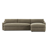 Aurelia 2-piece chaise sectional in Broadway Olive muted olive green linen, right-facing chaise, front view showing sloping track arms and boxed cushions