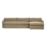 Aurelia 2-piece chaise sectional in Broadway Canvas natural off-white linen, right-facing chaise, front view showing sloping track arms and boxed cushions