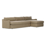 Amber Lewis x Four Hands Aurelia sectional in Broadway Canvas linen styled in a living room, right-facing chaise extended across a 128-inch span
