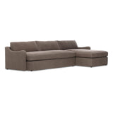 Amber Lewis x Four Hands Aurelia sectional in Broadway Coffee linen styled in a living room, right-facing chaise extended across a 128-inch span