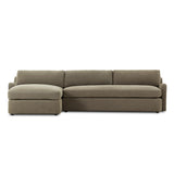Aurelia 2-piece chaise sectional in Broadway Olive muted olive green linen, left-facing chaise, front view showing sloping track arms and boxed cushions