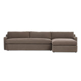 Aurelia 2-piece chaise sectional in Broadway Coffee deep coffee brown linen, right-facing chaise, front view showing sloping track arms and boxed cushions