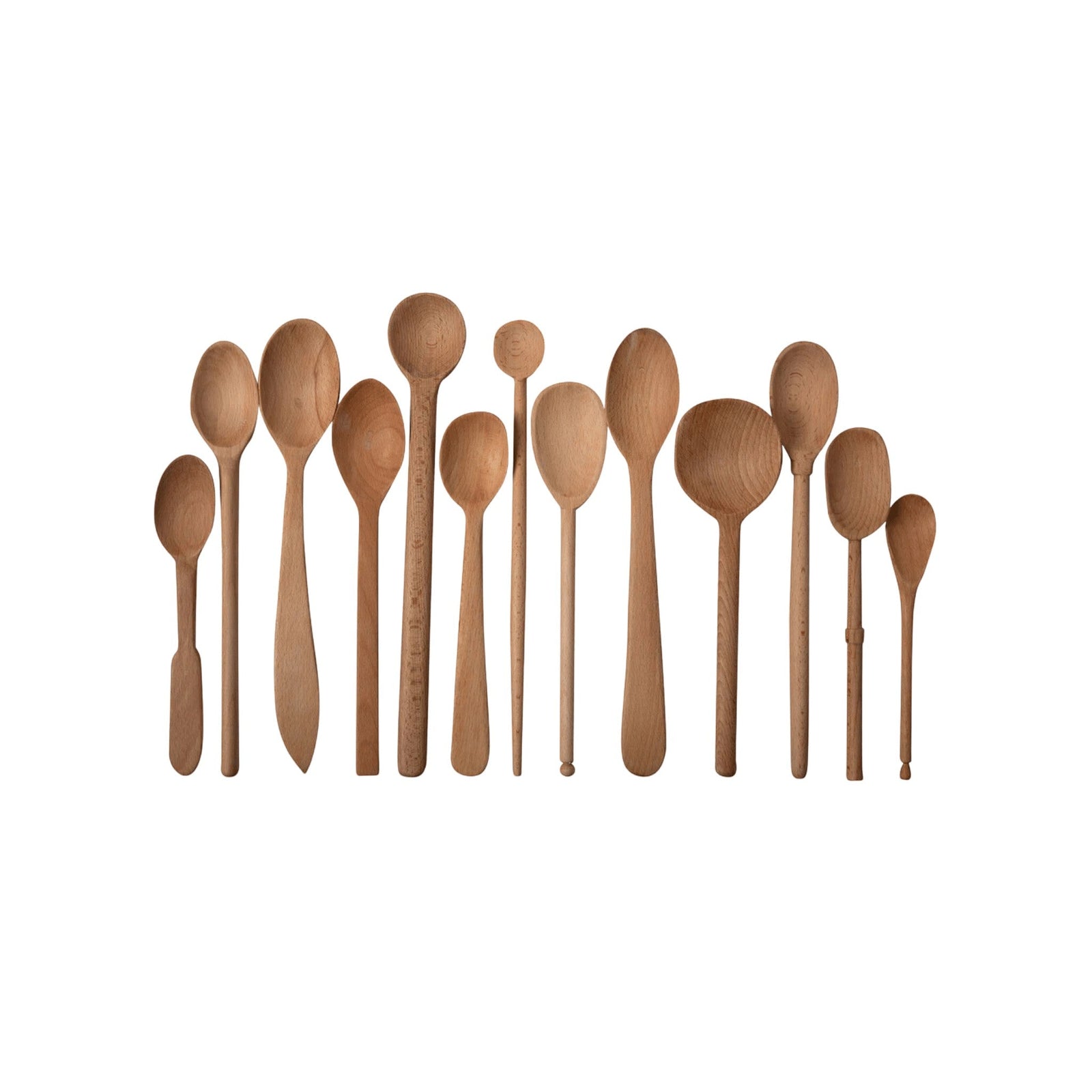 Sir Madam set of 13 unique hand-carved beechwood spoons in assorted shapes and sizes for cooking and serving.