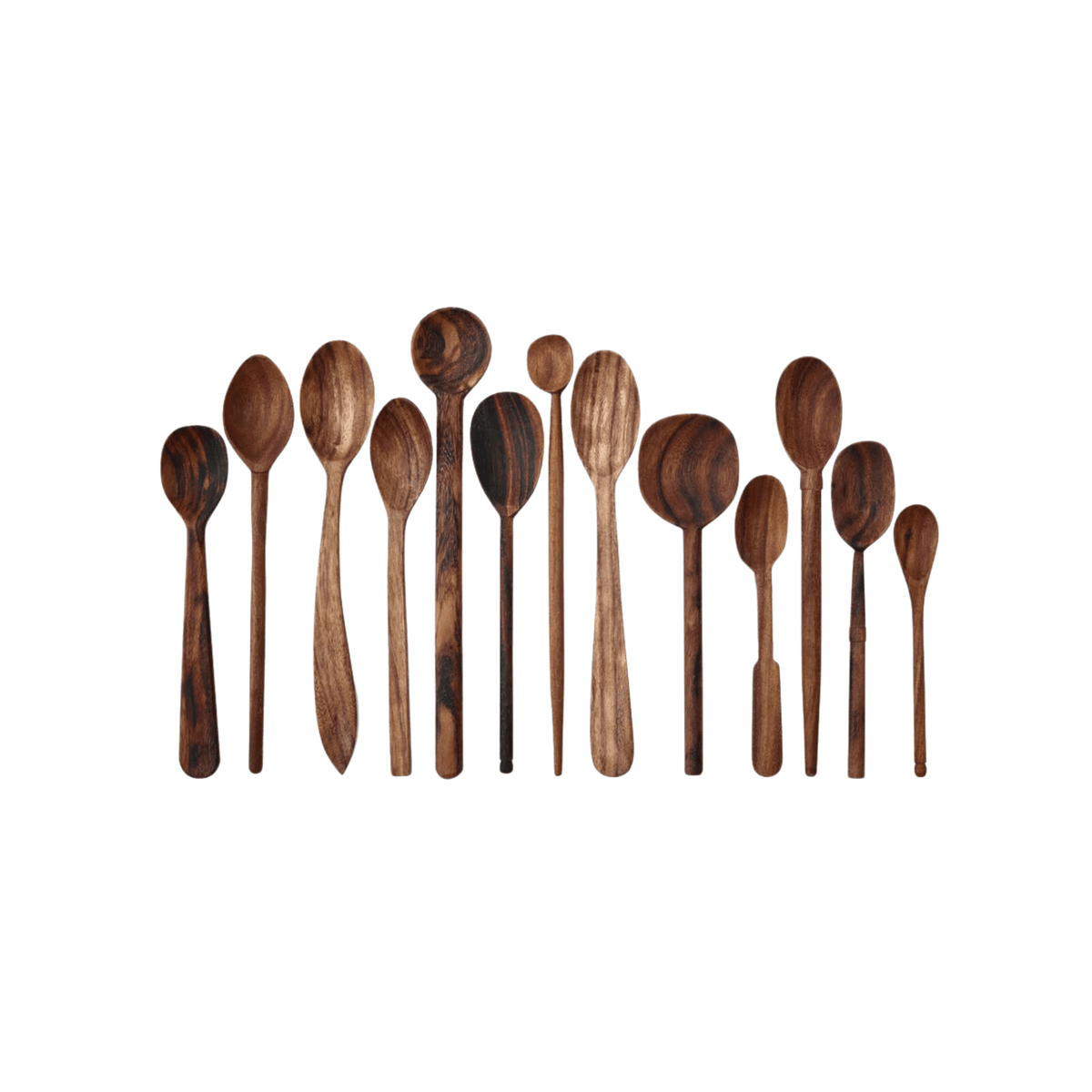 Sir Madam set of thirteen hand-carved black siris spoons in assorted larger sizes