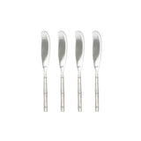 Calimia Home set of four stainless steel cheese spreaders with sculptural bamboo-inspired handles on a white background