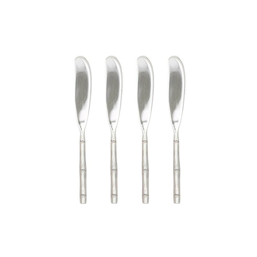Calimia Home set of four stainless steel cheese spreaders with sculptural bamboo-inspired handles on a white background