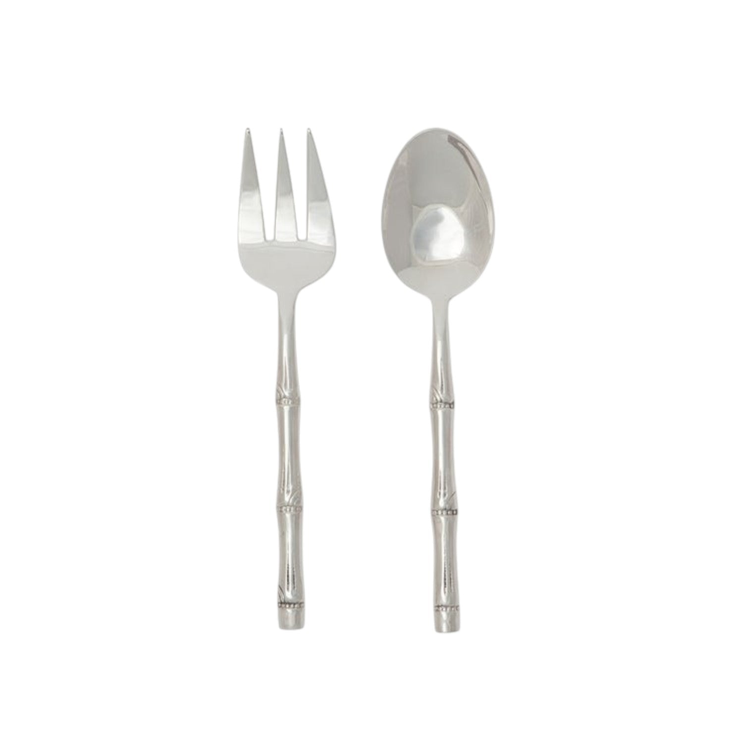 Calimia Home 2-piece stainless steel serving set with polished finish and sculptural bamboo-inspired handles.