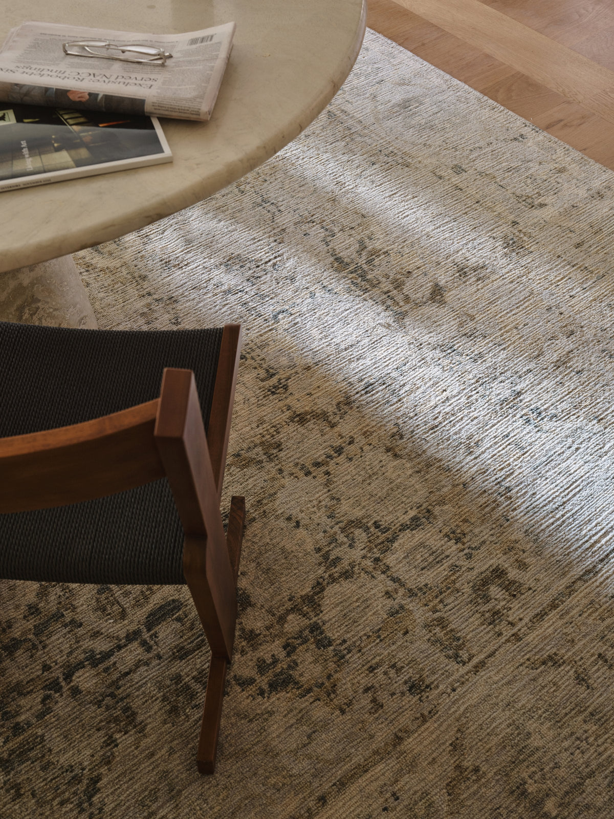 Basilica Rug by Armadillo, handcrafted wool rug, styled in a room at Calimia Home