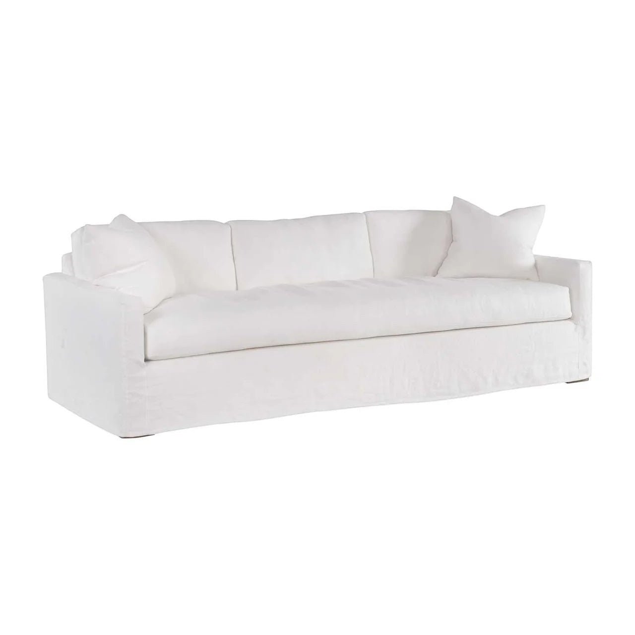 Calimia Home Baylin sofa in white Belgian linen with a classic track-arm design and a plush bench seat.