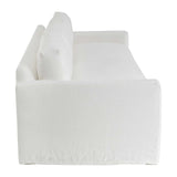 Calimia Home Baylin sofa in white Belgian linen with a classic track-arm design and a seamless bench seat.