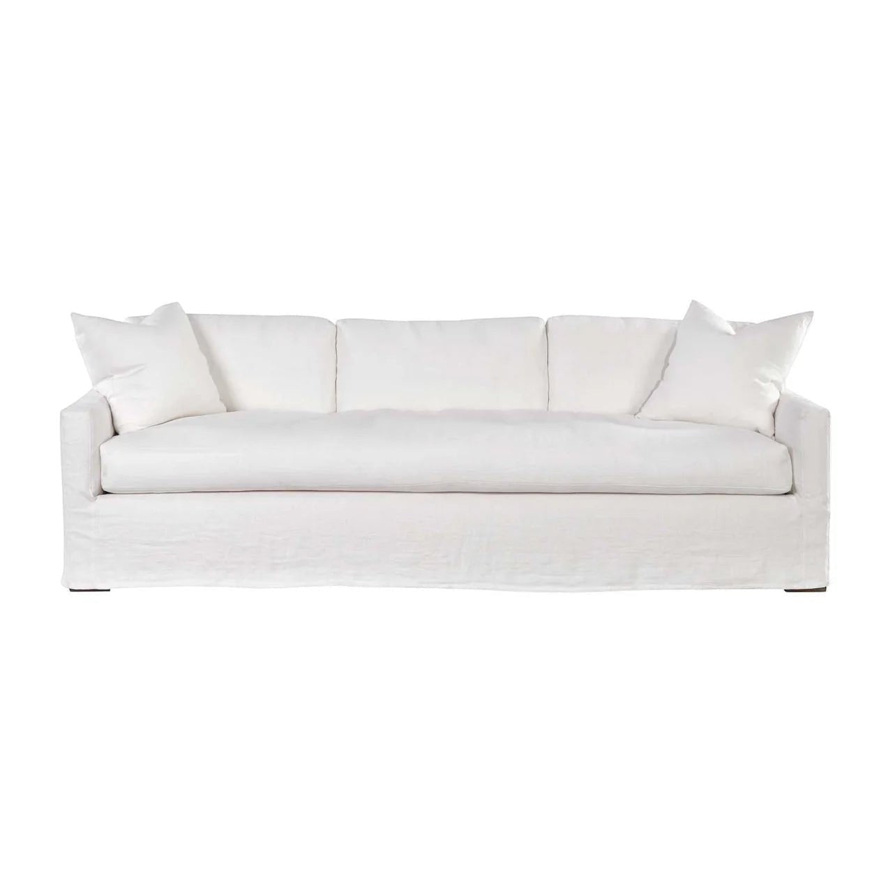 Calimia Home Baylin sofa in white Belgian linen with track arms and a plush bench seat cushion