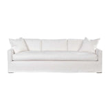Calimia Home Baylin sofa in white Belgian linen with track arms and a plush bench seat cushion