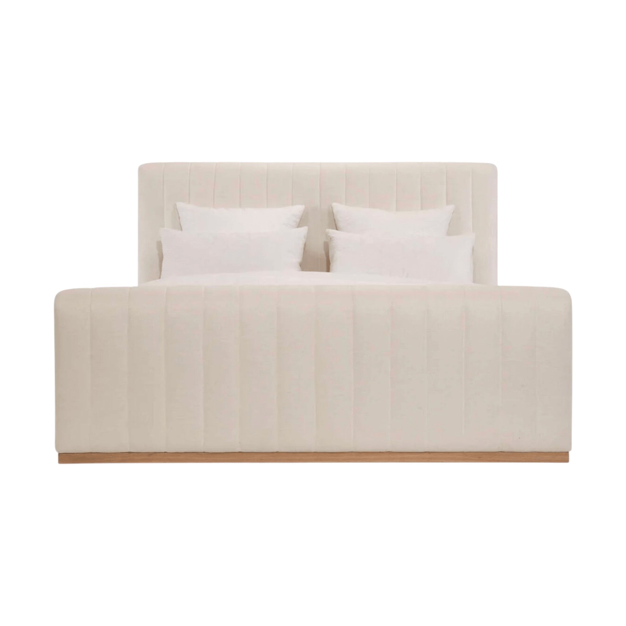 Calimia Home Bennett Bed in off-white Belgian linen with vertical channel tufting and a natural oak base.