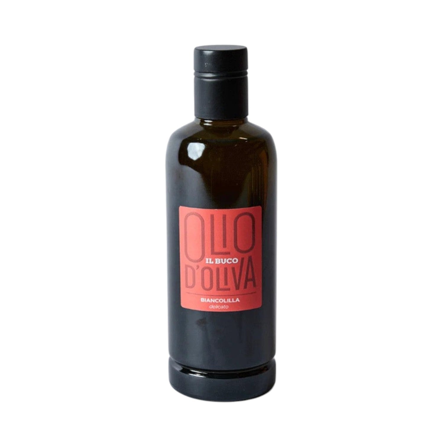 Calimia Home Biancolilla extra virgin olive oil in a dark glass bottle with a red label on a light grey background.