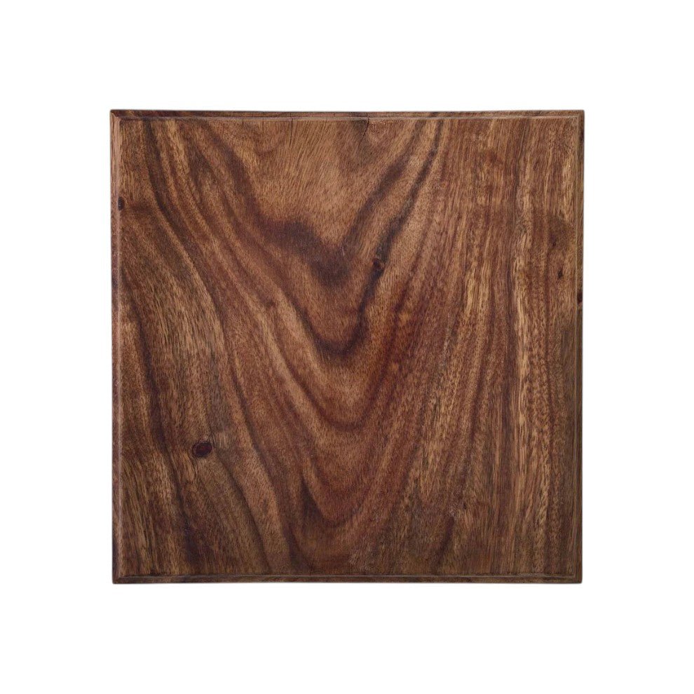 Sir Madam square serving slab hand-carved from dark black siris wood with visible natural grain patterns.