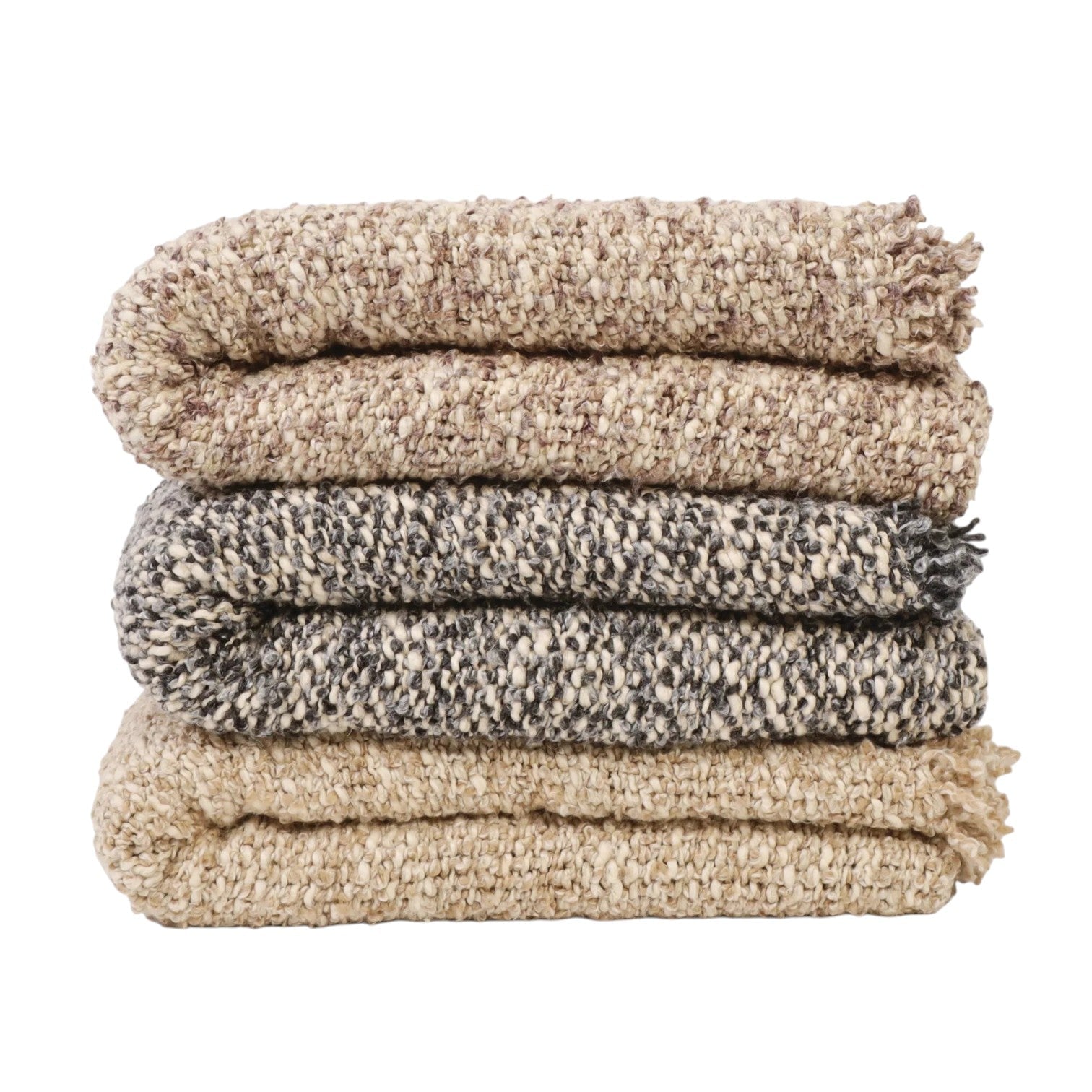 Calimia Home Brentwood throw blanket in pebble featuring a soft bouclé texture and multi-tonal hand-loomed yarns.