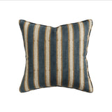 Walter G Buzios Desert decorative pillow with blue and tan vertical stripes, pipe edge, and hidden zipper.