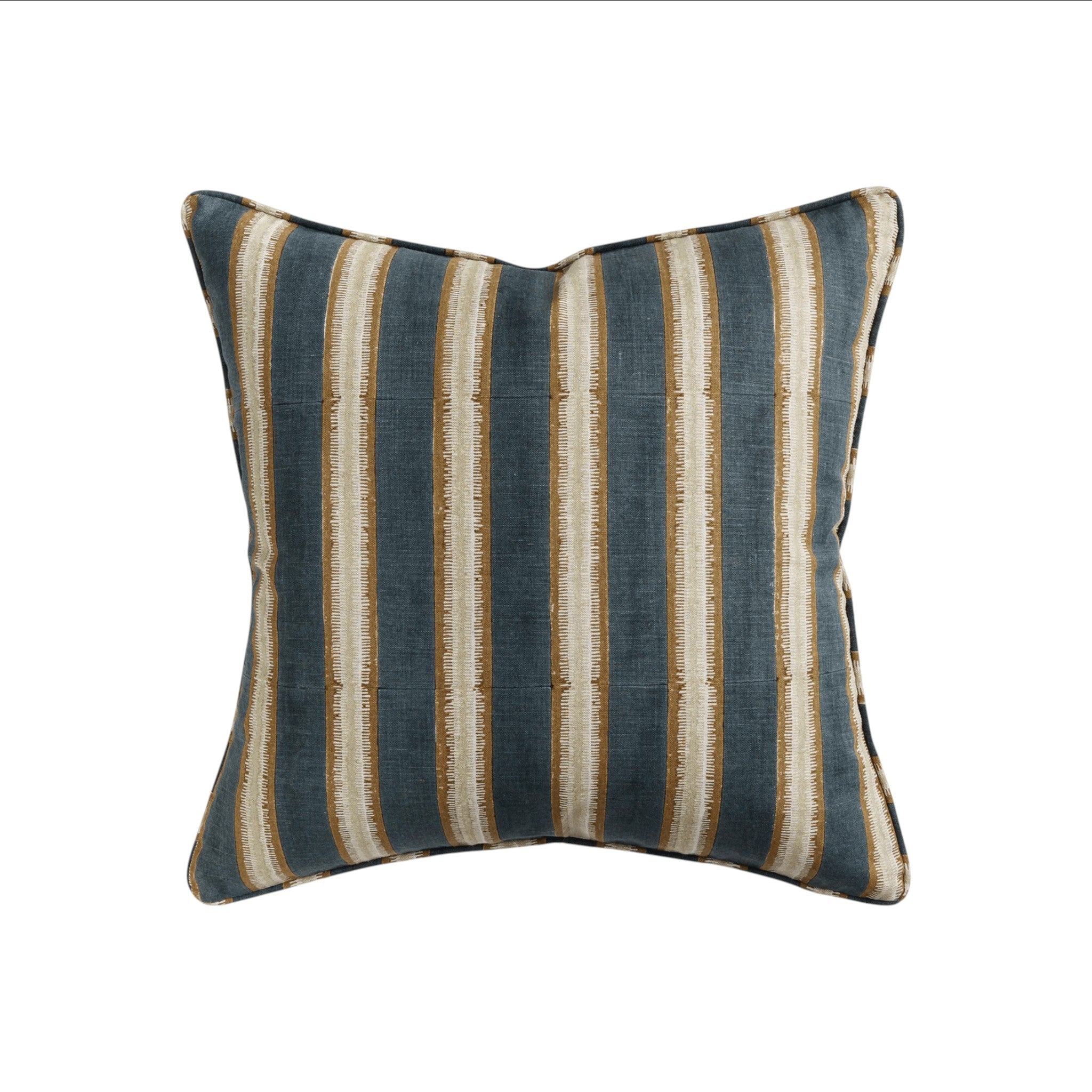 Walter G Buzios Desert decorative pillow with blue and tan vertical stripes, pipe edge, and hidden zipper.