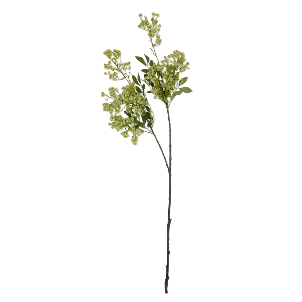 Calimia Home artificial Summer Garden stem with delicate green filler flowers and leaves on a slender brown branch