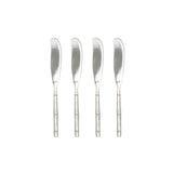 Calimia Home set of four stainless steel cheese spreaders with sculptural bamboo-inspired handles on a white background