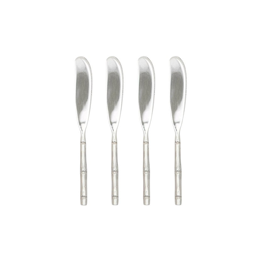 Calimia Home set of four stainless steel cheese spreaders with sculptural bamboo-inspired handles on a white background