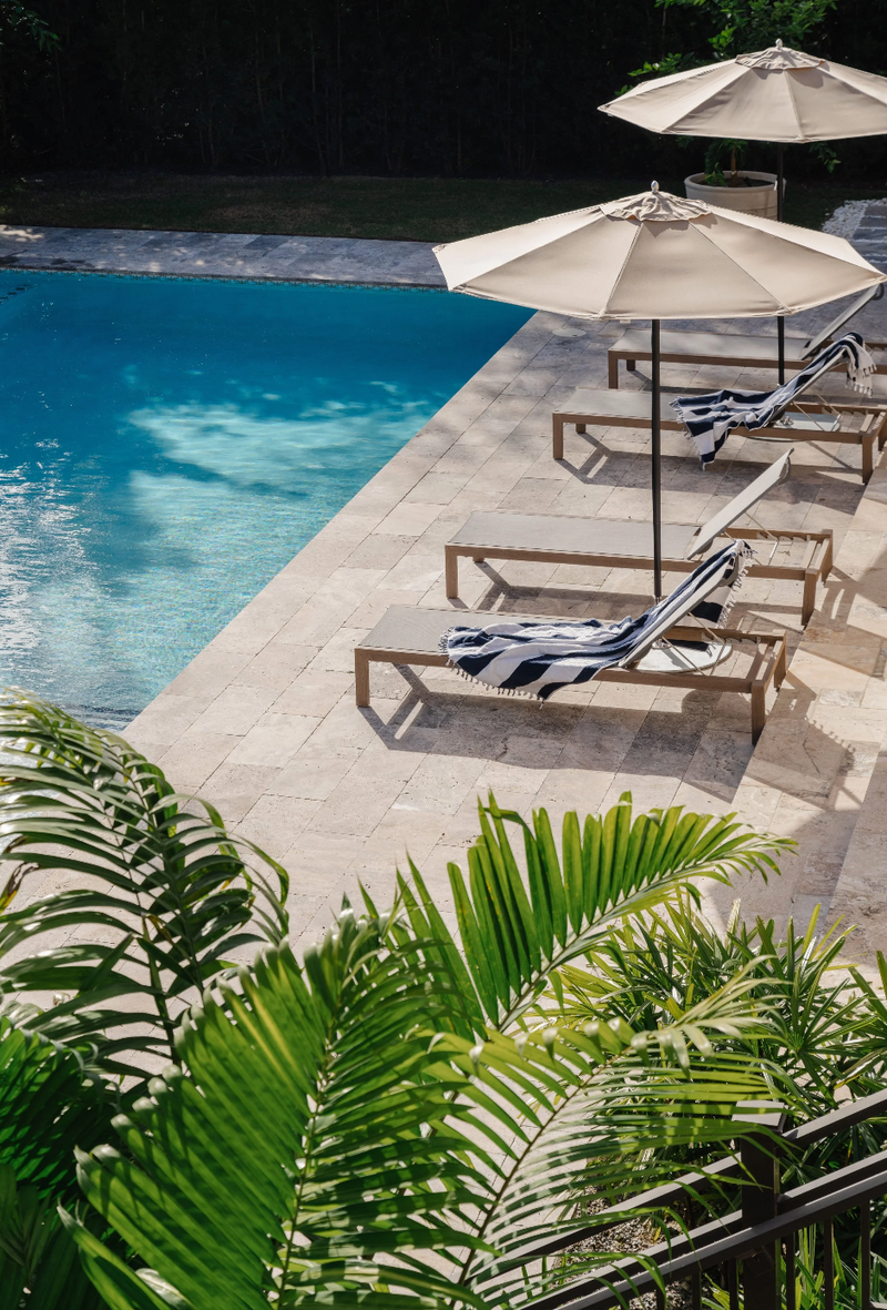 Pool terrace with cream umbrellas, chaise loungers, and lush palms at this Miami craftsman home