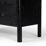 Calimia Home ebony oak cabinet featuring a brushed black wood grain finish and iron hardware on a drawer front