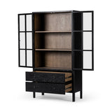 Calimia Home transitional ebony oak cabinet with glass doors, tan interior, and two storage drawers on a white background