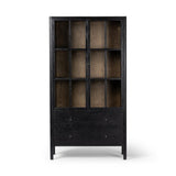 Calimia Home transitional two-toned cabinet in brushed ebony oak with tan interior, glass doors, and iron hardware.
